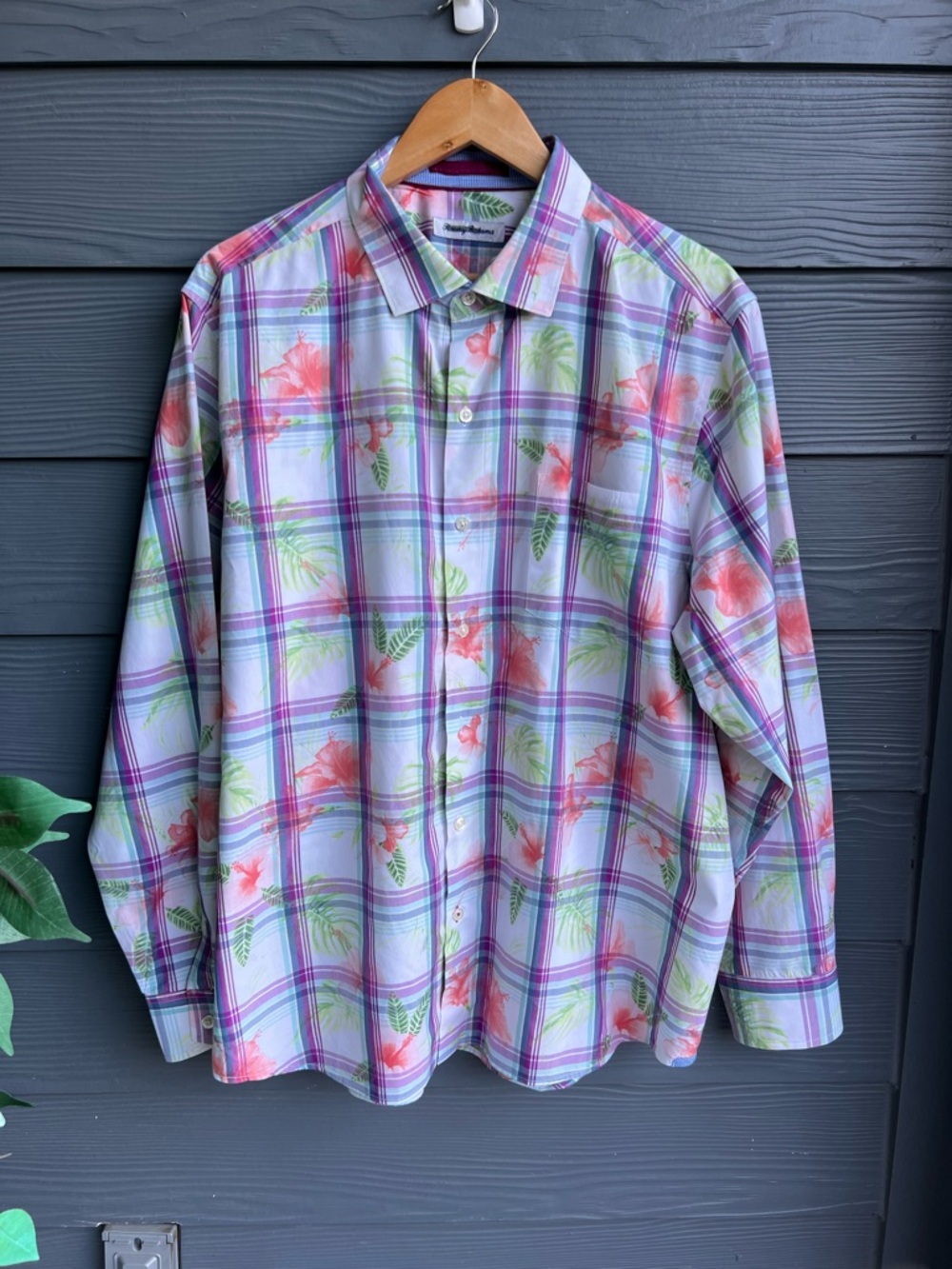 Tommy Bahama Vedado Plaid Shirt with Coral Floral Print Mens Shirt Size XL
